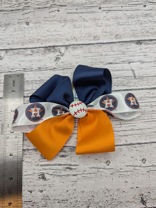 Houston Astros Baseball Bow, Blue, Orange, Hair Clip