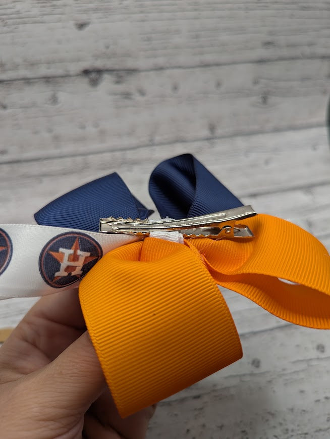 Houston Astros Baseball Bow, Blue, Orange, Hair Clip