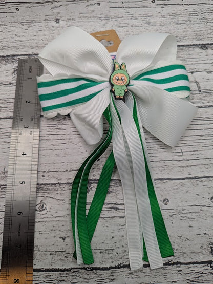 Labubu Bow, Green, White, Stripe, Hair Clip