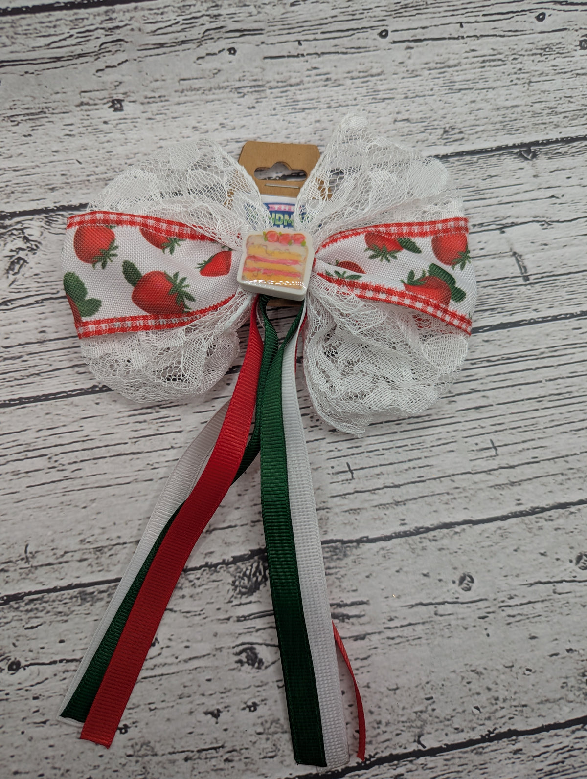 Strawberry Shortcake Bow, Lace, Green, White, Red, Hair Clip