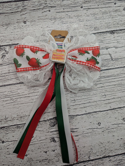 Strawberry Shortcake Bow, Lace, Green, White, Red, Hair Clip