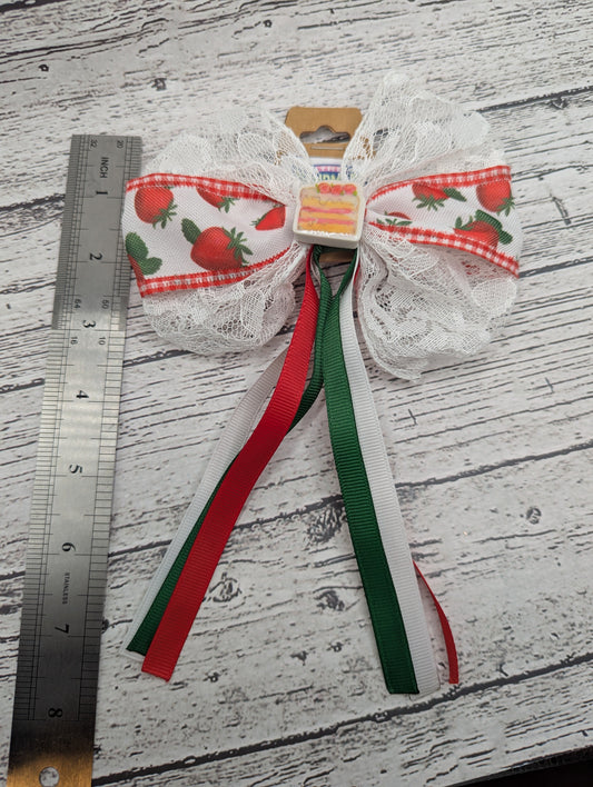 Strawberry Shortcake Bow, Lace, Green, White, Red, Hair Clip