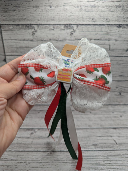 Strawberry Shortcake Bow, Lace, Green, White, Red, Hair Clip