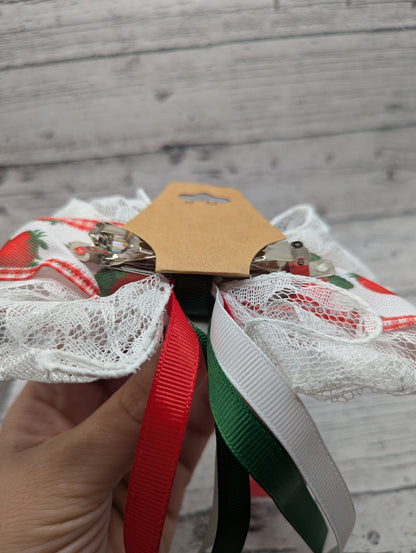 Strawberry Shortcake Bow, Lace, Green, White, Red, Hair Clip