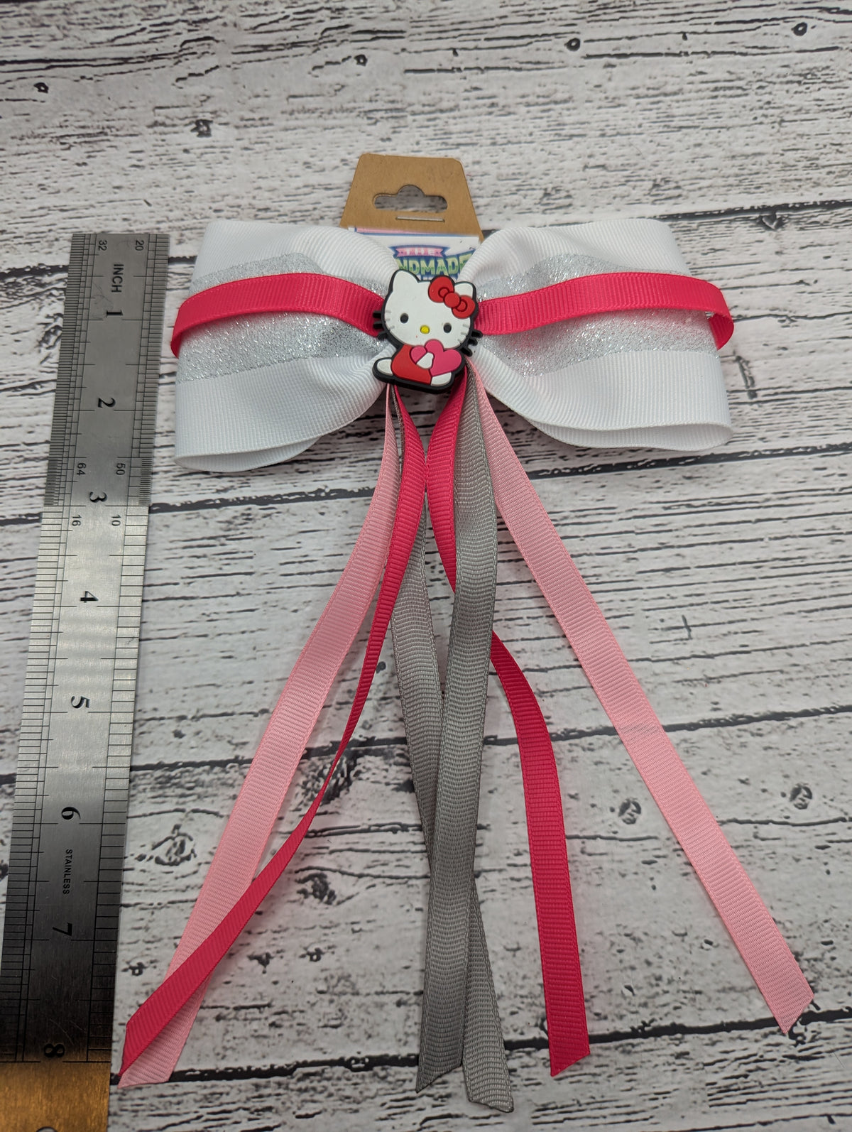 Hello Kitty Bow, White, Pink, Silver Hair Clip
