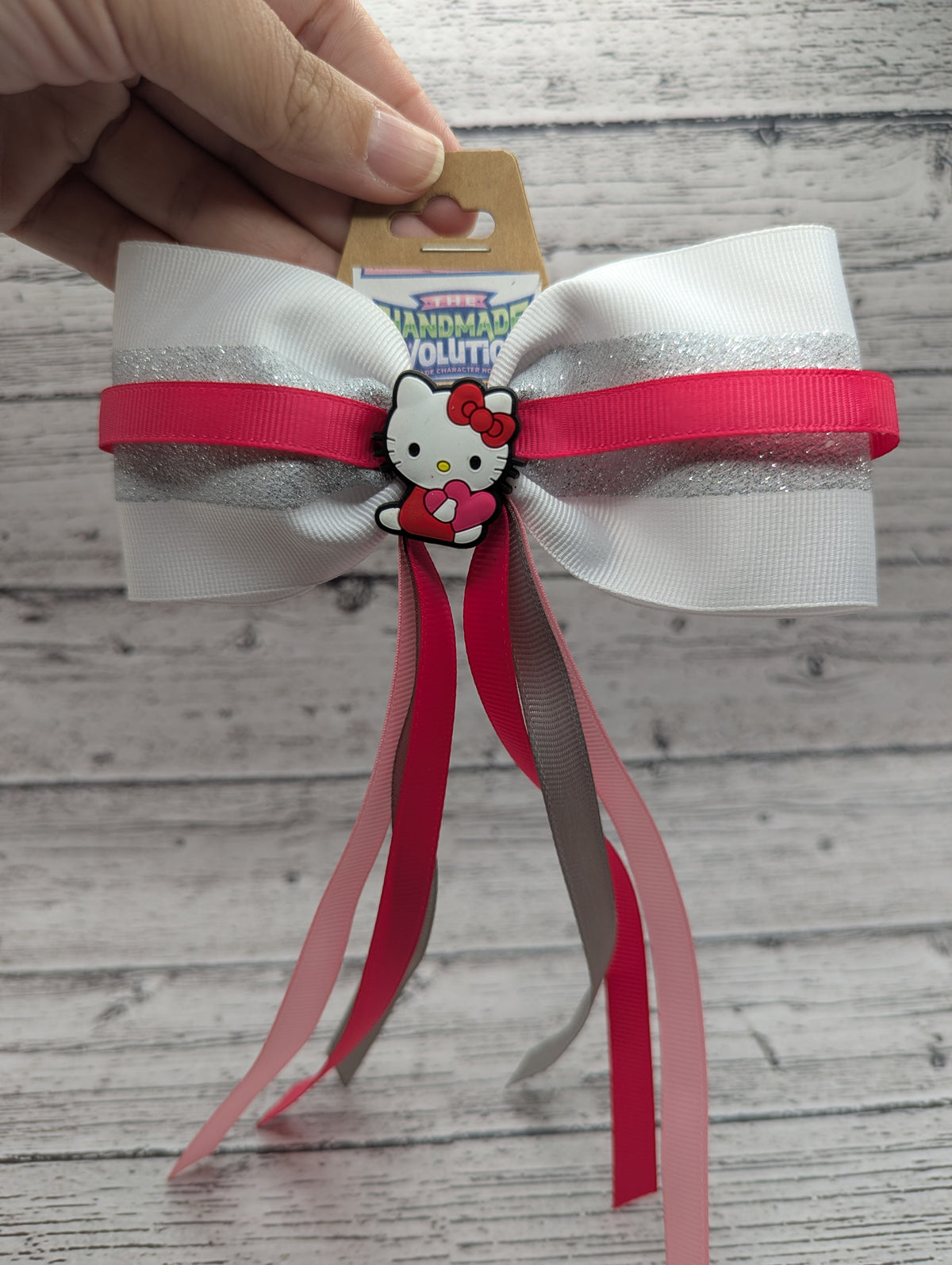 Hello Kitty Bow, White, Pink, Silver Hair Clip