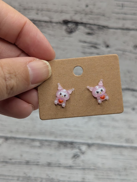 Kuromi Pink Holding Heart Mini Stud Earrings