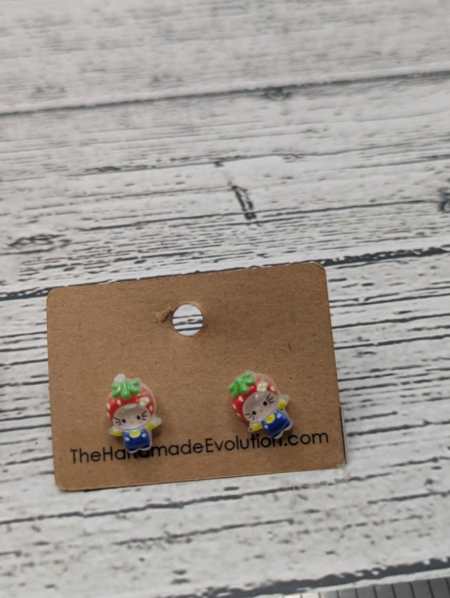 Hello Kitty Strawberry, Blue Overalls, Mini Stud Earrings
