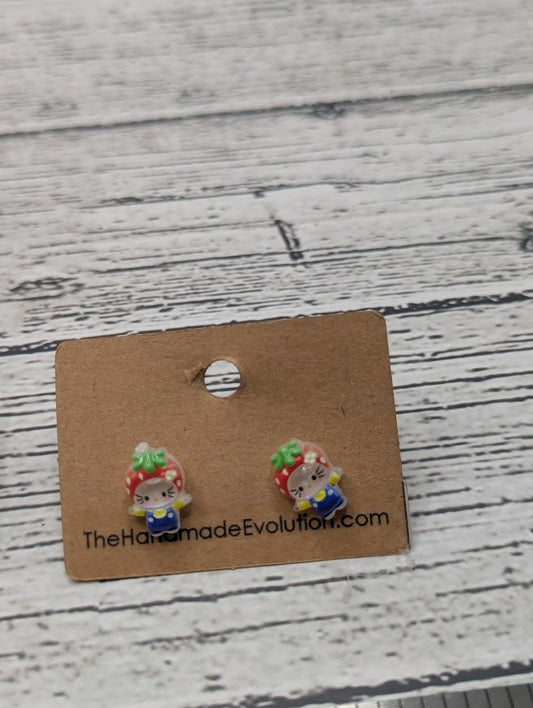 Hello Kitty Strawberry, Blue Overalls, Mini Stud Earrings