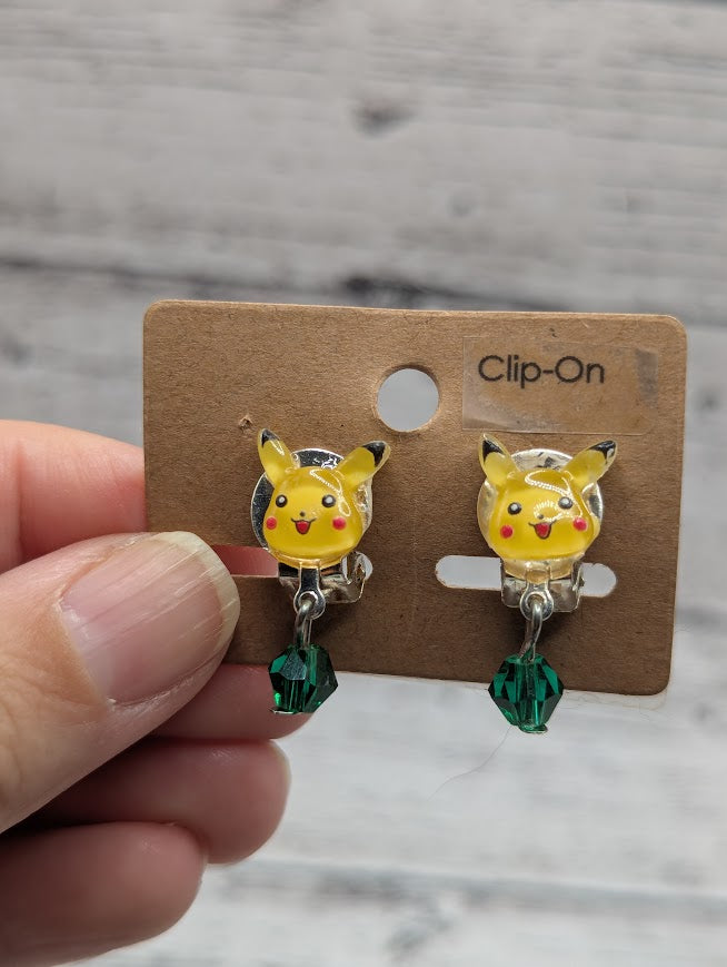 Pikachu Clip On Earrings, Green Beads