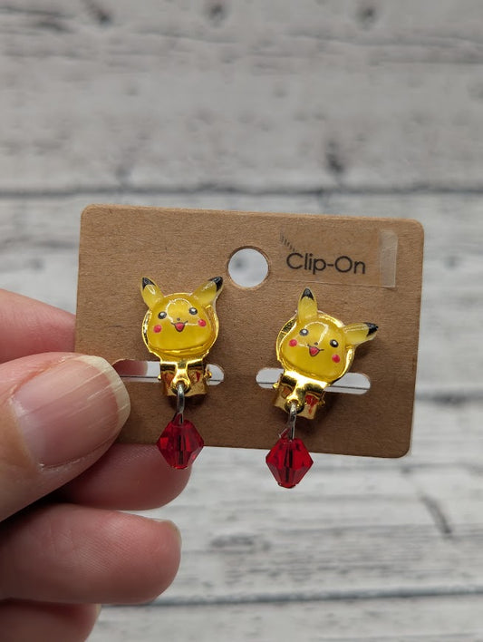 Pikachu Clip On Earrings, Red Beads