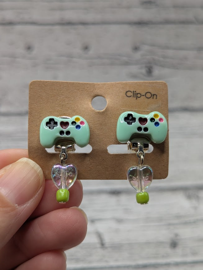 Video Game Clip-On Earrings, Green with Heart bead