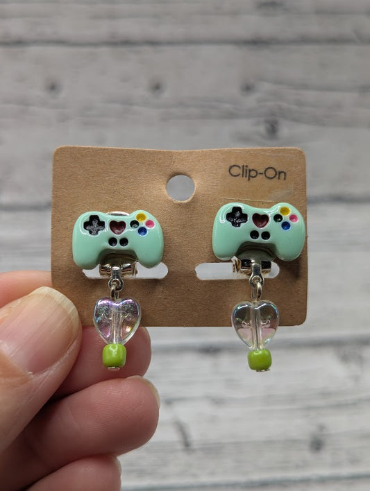Video Game Clip-On Earrings, Green with Heart bead