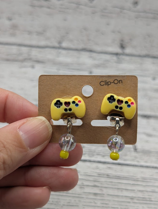 Video Game Clip-On Earrings, Yellow with clear beads