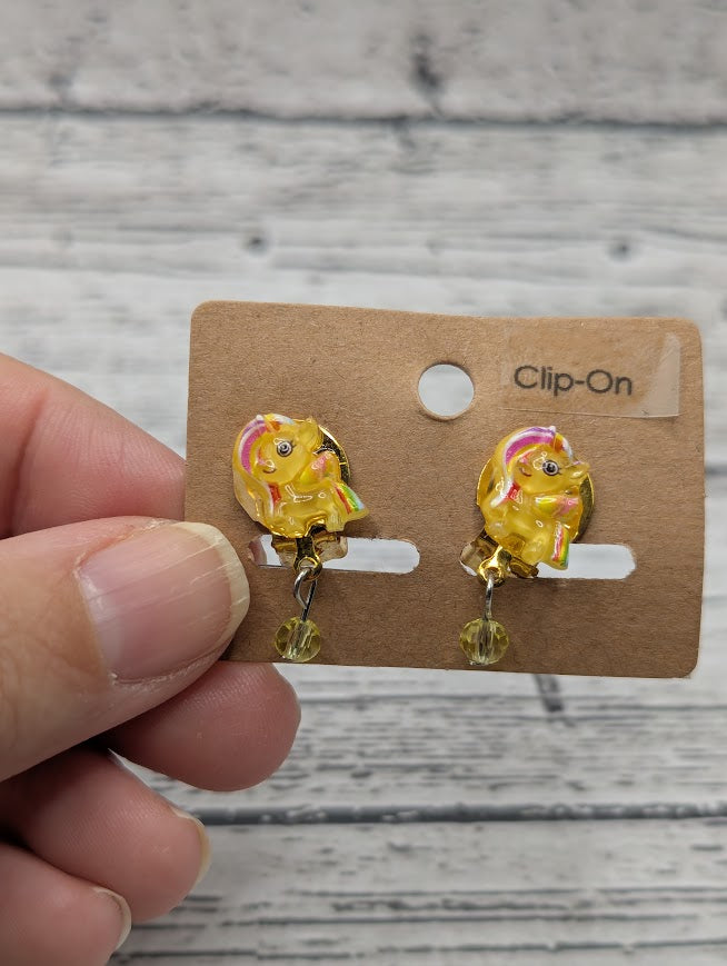Yellow Unicorn Clip On Earrings
