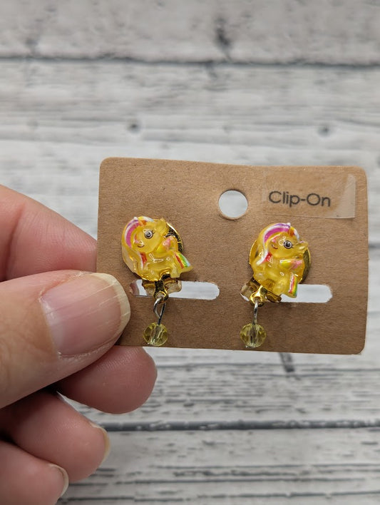 Yellow Unicorn Clip On Earrings