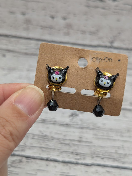Kuromi Clip On Earrings, Black Beads