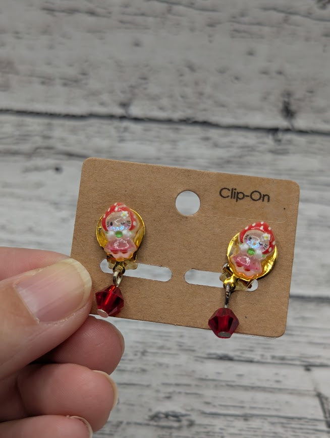 Hello Kitty Strawberry Hat,  Clip On Earrings, Red Beads