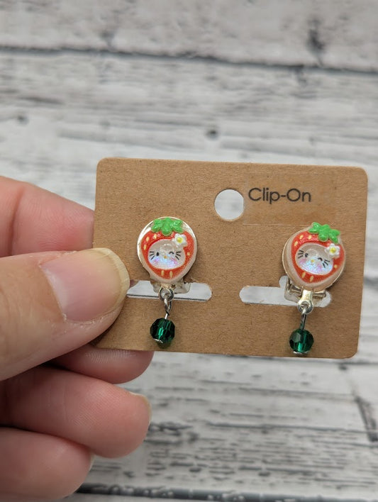 Hello Kitty Strawberry Face, Clip On Earrings, Green Beads