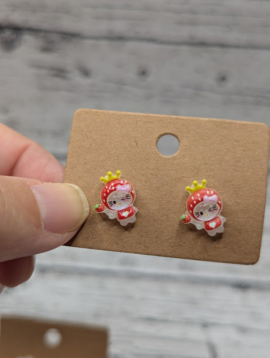 Hello Kitty, Strawberry, Crown, Mini Stud Earrings