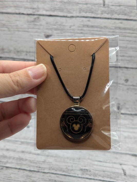Mickey Head, Black and Gold Bezel, Black Necklace