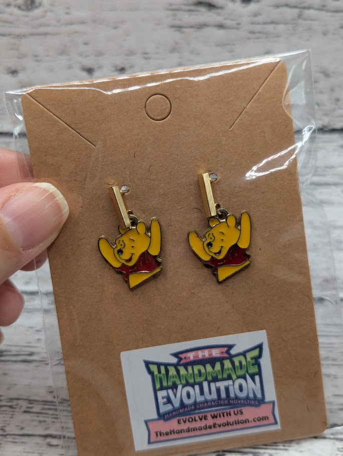 Pooh Bear Reaching, Gold Bar Earrings