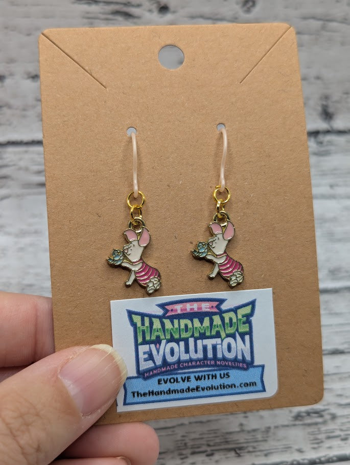 Piglet with Bird, Pink Non-Metal Hook Earrings