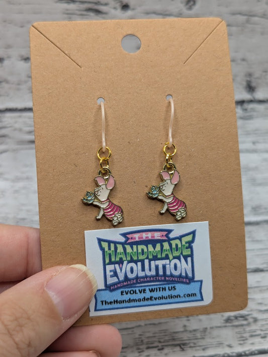 Piglet with Bird, Pink Non-Metal Hook Earrings