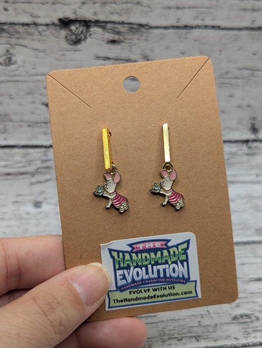 Piglet with Bird, Gold Bar Earrings