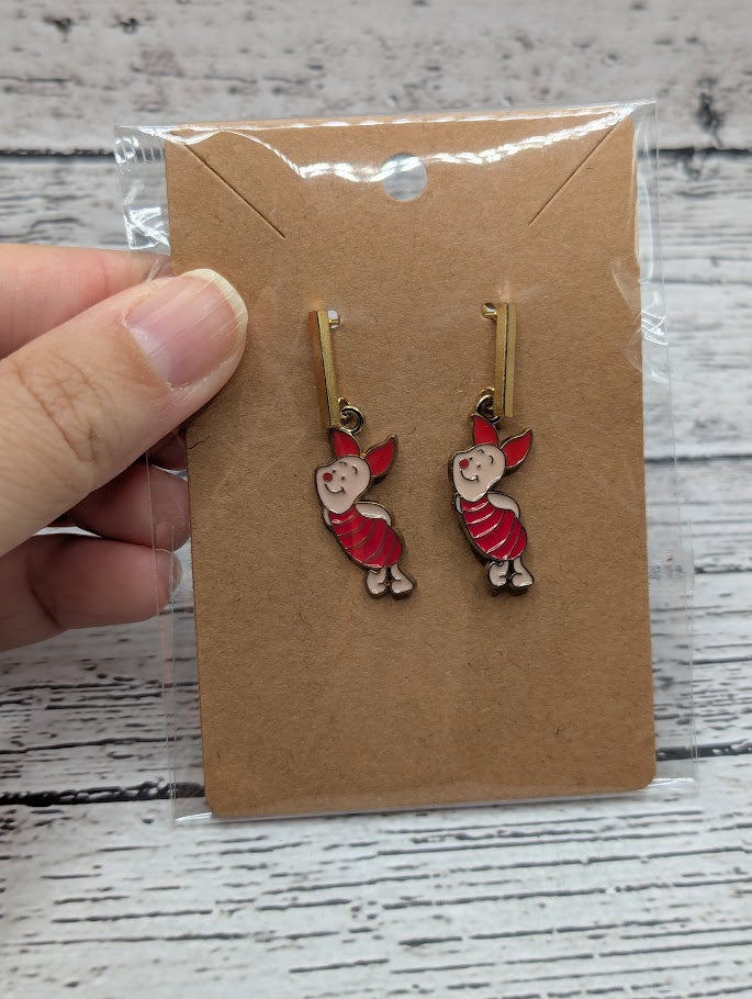 Piglet Standing, Gold Bar Earrings