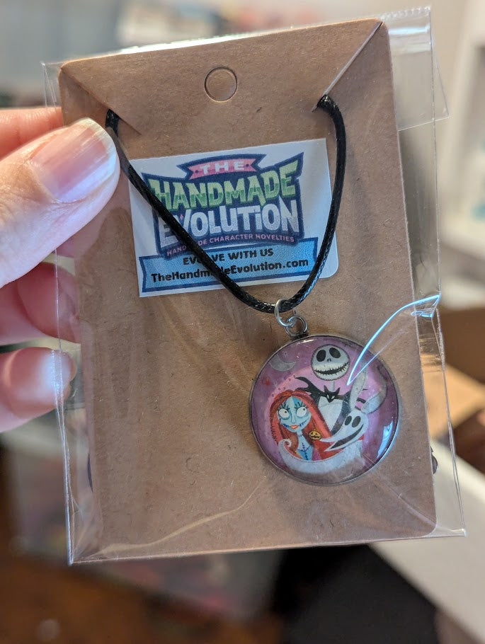 Jack, Sally & Zero, Bezel, Pink Background, Black Necklace
