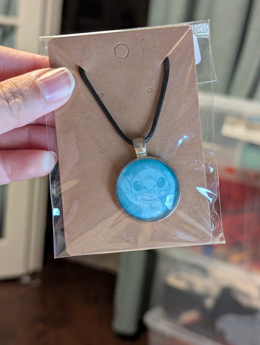 Stitch, Light blue bezel, Black Necklace
