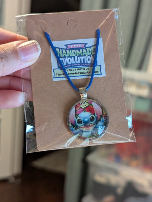 Stitch, Bezel, Flowers, Blue Necklace