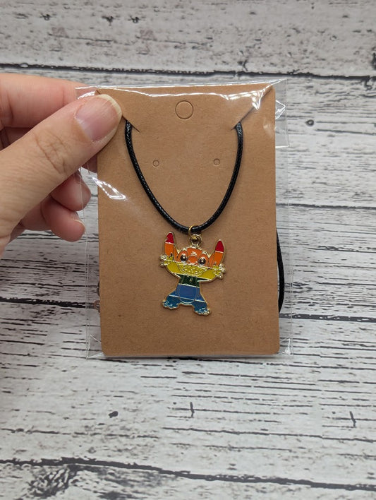 Stitch, Rainbow, Pride, Black Necklace