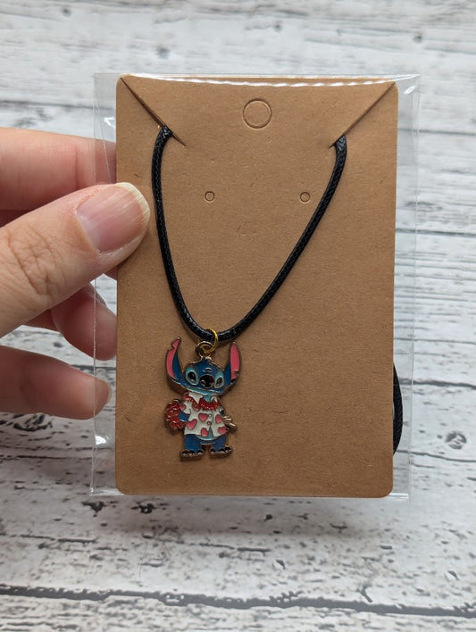 Stitch, Flowers behind Back, Black Necklace