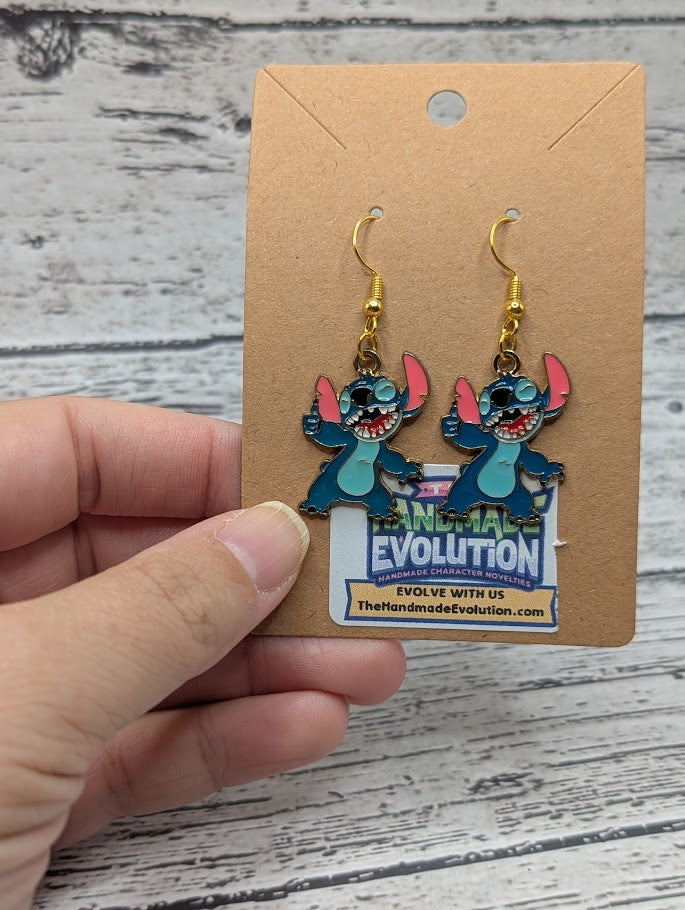 Stitch, Laughing, Gold Hook Dangle Earrings