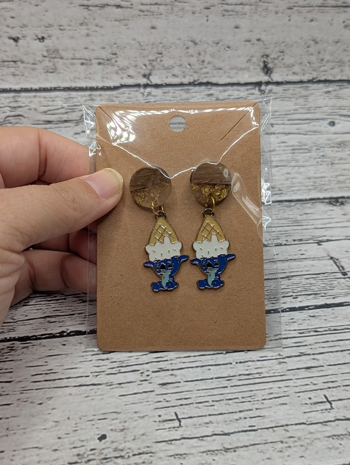 Stitch, Ice Cream, Gold Sparkle Wooden Earrings