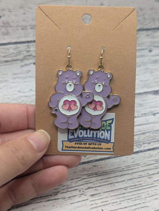 Purple Care Bear, Gold Hook Dangle Earrings
