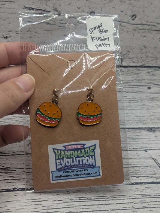 Hamburger Earrings, Krabby Patty, Gold Dot Stud Earrings