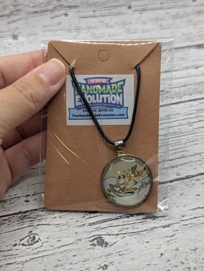Snoopy Surfing Necklace, Bezel, Black Necklace