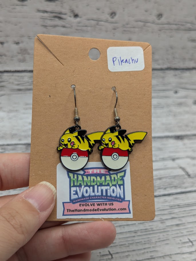 Pikachu, Ride on Pokeball, Silver Hook Dangle Earrings