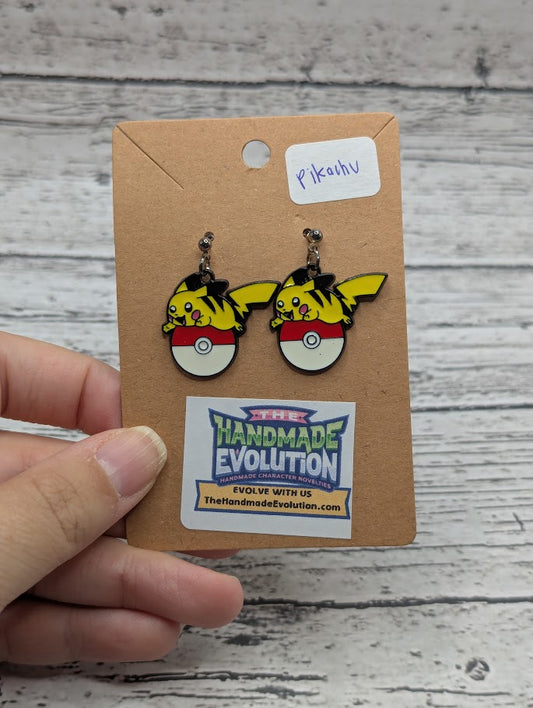 Pikachu, Ride on Pokeball, Silver Dot Stud Earrings