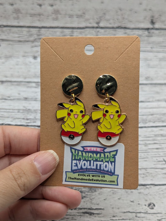 Pikachu, Pokeball, Gold Circle Stud Earrings