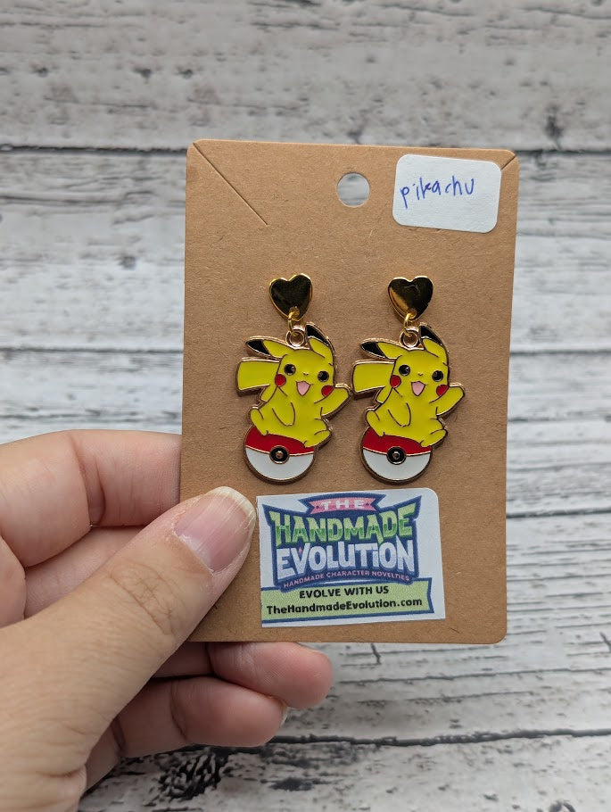 Pikachu, Pokeball, Gold Heart Stud Earrings