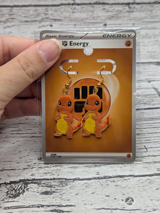 Charmander, Clay, Hand Painted, Gold Hook Dangle Earrings