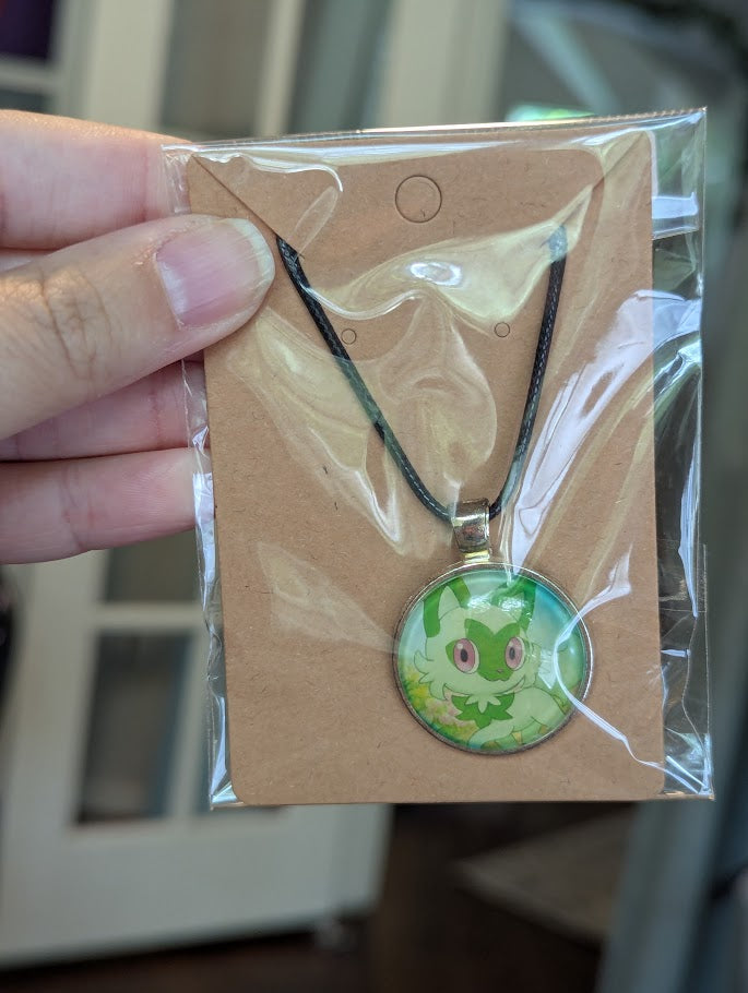 Sprigatito, Upcycled Pokemon Card, Bezel, Black Necklace