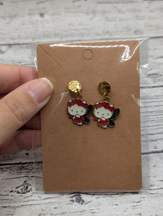 Hello Kitty, Wings, Gold Circle Stud Earrings