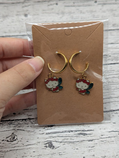 Hello Kitty, Wings, Gold Hoop Stud Earrings