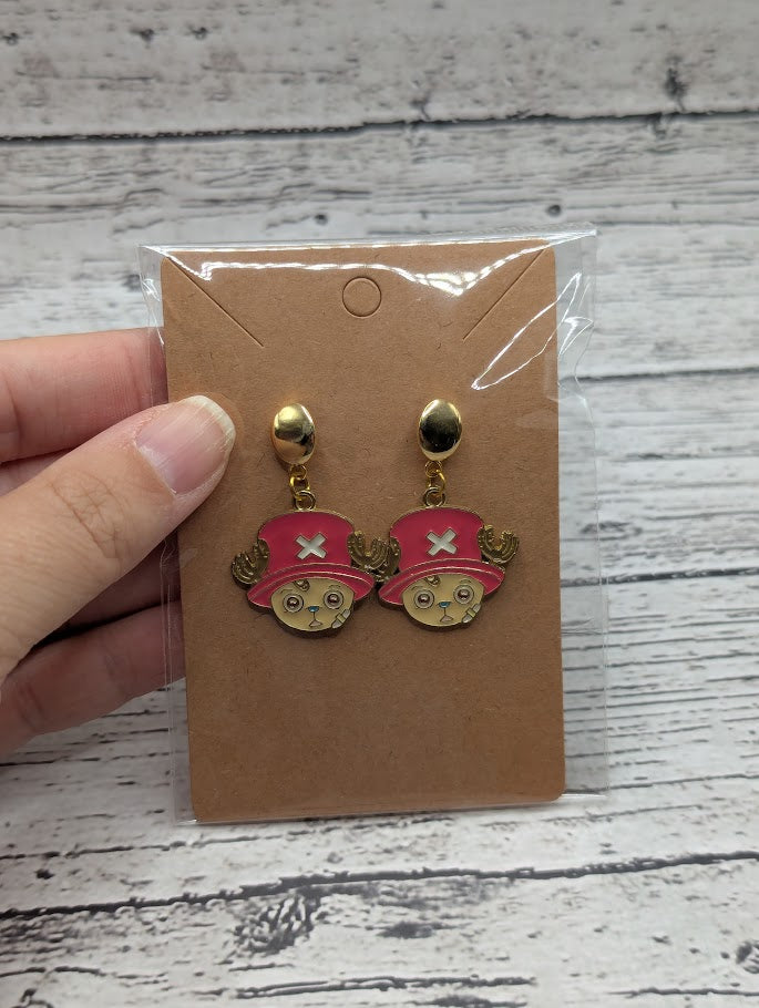 One Piece, Pink Hat, Gold Oval Stud Earrings