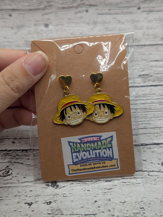 One Piece, Monkey Hat, Gold Heart Stud Earrings